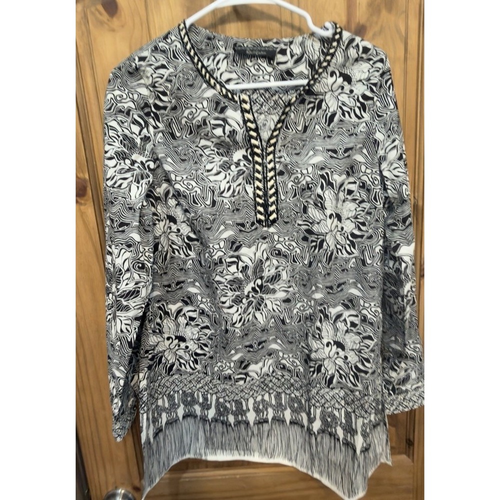 Robert Graham Womens M Tunic Top Black White Floral Boho Braided V Neck